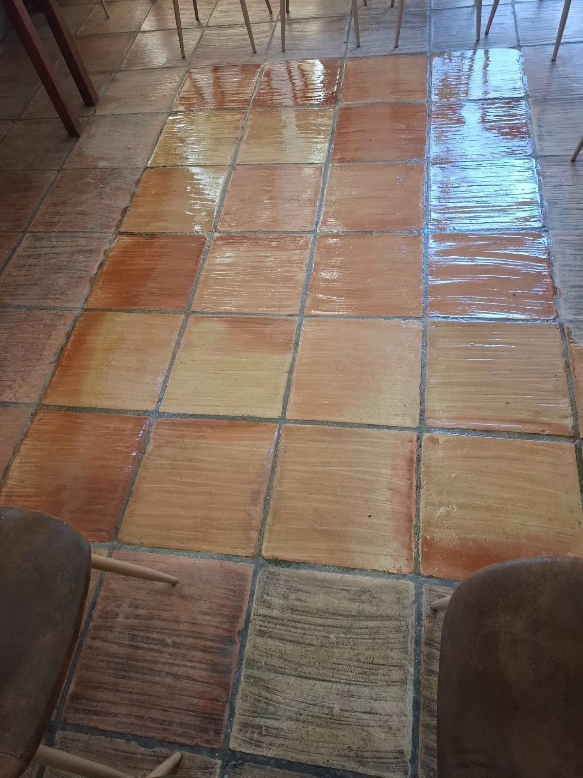 Prueba demostrativa sobre suelo de terracota: las losas del centro ya tratadas, brillantes y con el color recuperado, rodeadas del barro crudo y apagado tal y como estaba